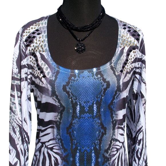 Cache Stretch Embellished Tee Top XS/S Reptile Animal Black Blue White NWT New - Picture 1 of 3